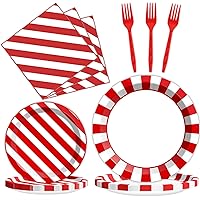 Tevxj 96PCS Red and White Tableware Set Circus Dessert Disposable Paper Plates Red Striped Party Plates Napkins Forks for Circus Party Decorations Supplies 24 Guests