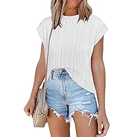 Womens Summer Short Sleeve Textured Tops Cap Sleeve Shirts 2024 Knit Solid Loose Casual Basic T Shirts Tee Blouses