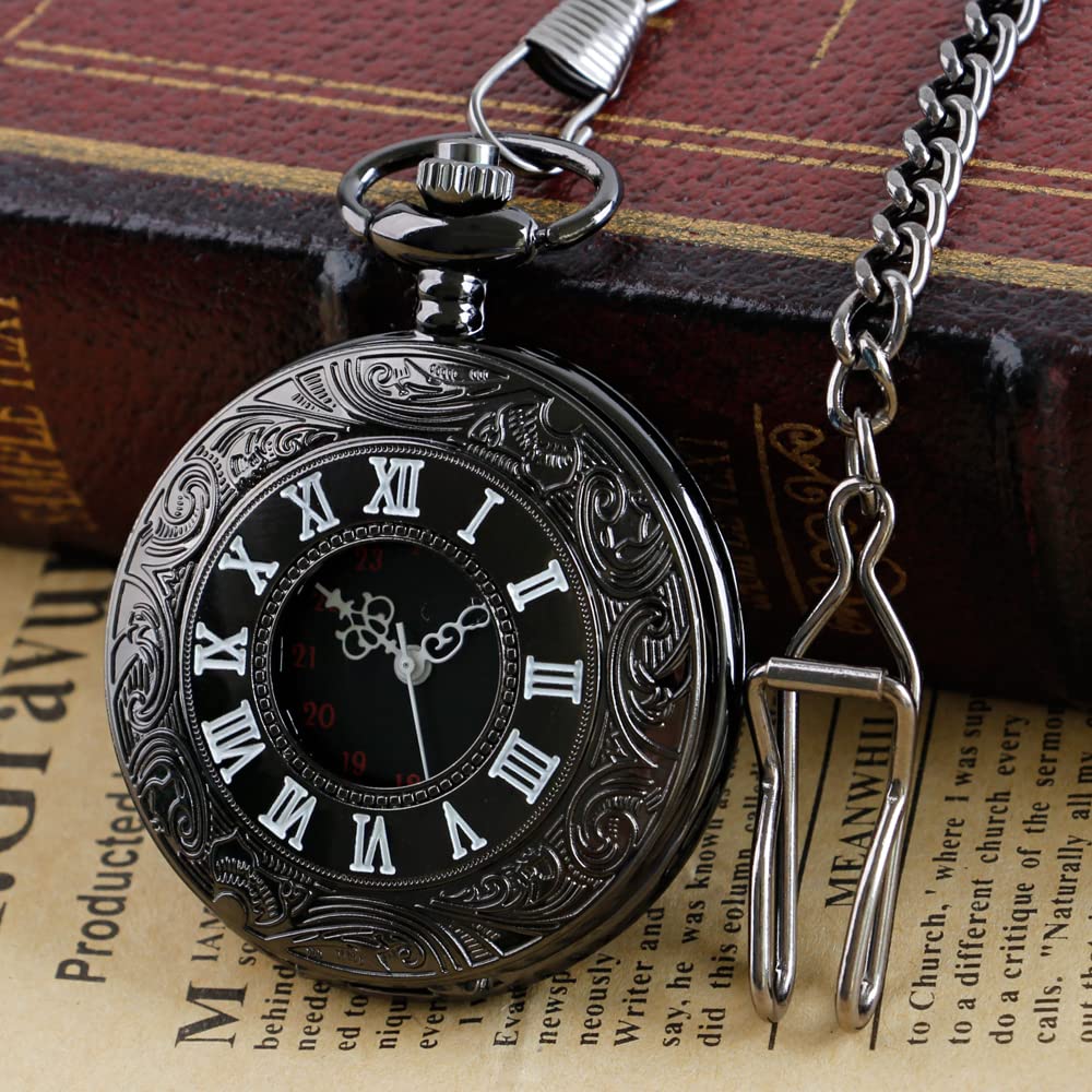 Realpoo Black Hollow Men's Pocket Watch, Roman Digital Scale Men's Quartz Pocket Watches, Quartz Pocket Watch with Chain for Men-Black