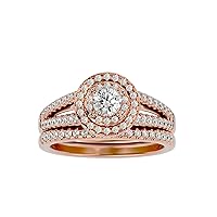 Certified 14K 1 pcs Round Cut Moissanite Diamond (0.32 Carat) Ring in 4 Prong Setting, 94 pcs Round Cut Natural Diamond (0.56 Carat) With White/Yellow/Rose Gold Engagement Ring For Women, Girl
