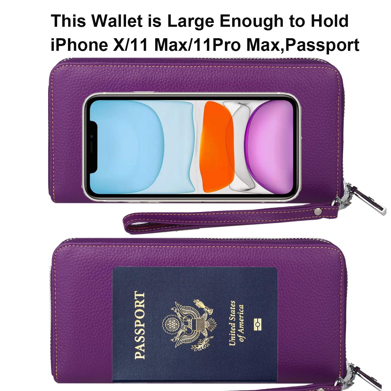 Lavemi Women's RFID Blocking 100% Leather Large Capacity Zip Around Wallet Phone Holder Clutch Travel Purse Wristlet