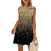 Sleeveless Shift Partys Tunic Dress Ladies Trendy Independence Day Crew Neck Fitted Women Comfort Print Thin Gold M