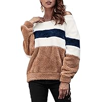 Flygo Womens Oversized Striped Round Neck Fuzzy Fleece Pullover Sweatshirt