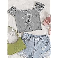 Women's Shirts Women's Tops Shirts for Women Lace Up Frill Trim Knit Top (Color : Light Grey, Size : Medium)