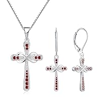 YL Women's Cross Necklace Sterling Silver Infinity Crucifix Pendant Created Garnet Criss Cross Earrings Jewelry