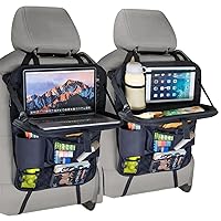 Tsumbay Car Backseat Organizer with Tablet Holder，9 Storage Pockets 600D Oxford Foldable Table Tray Seat Back Protectors Kick Mats Travel Accessories-Black 2Pcs