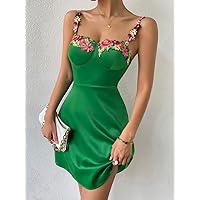 Summer Dresses for Women 2022 Floral Appliques Bustier Satin Cami Dress Dresses for Women (Color : Green, Size : Medium)