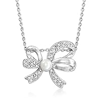 Ross-Simons 4.5-5mm Cultured Pearl and .11 ct. t.w. Diamond Bow Pendant Necklace in Sterling Silver. 18 inches