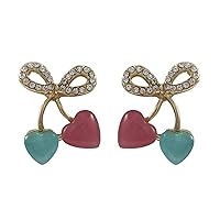 Gold Finish Pink and Blue Cat Eye Heart Bow Girls Earrings