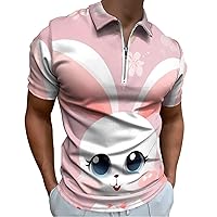 Cute Bunny Rabbit Flower Mens Polo Shirts Quick Dry Short Sleeve Zippered Workout T Shirt Tee Top