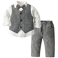 Baby Boys Suit Clothing Set, 4 Piece Formal Outfit for Boys of Vest, Pants, Shirt and Bow Tie, Grey, 9-12 Months = Tag 70