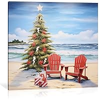 MOSTUNNA Coastal Canvas Wall Art Red Chair and Tree on beach Picture Prints Seascape Christmas Decor Tranquility Artwork for Living Room Bathroom Bedroom Office Ready To Hang (Christmas-2, 12.00