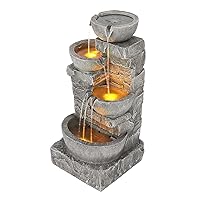 Teamson Home 33.25 in. Cascading Bowls and Stacked Stones LED Outdoor Water Fountain for Gardens, Landscaping, Patios, Balconies, and Lawns for a Calming Oasis in Outdoor Living Spaces, Stone Gray