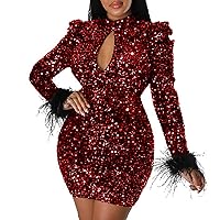 Cotton Dress for Women,Women's Hollow Long Sleeved Feather Backless Sexy Hollow Sequin Gown Dress Formal Long S