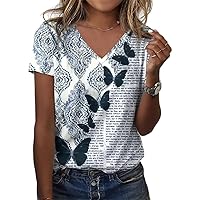 Women’s Summer Casual Floral Printed Short Sleeve Tshirt Tops Spring Loose Fit V Neck Graphic Plus Size Tunic Shirts