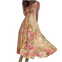 Summer Dresses for Women 2024 Deep V Neck Swing Cute Long Dress Elegant Casual Floral Dresses Sleeveless Sexy Maxi Dress