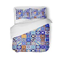 Duvet Cover Set Queen/Full Size Colorful Mexican Talavera Tiles in Blue Orange and White 3 Piece Microfiber Fabric Decor Bedding Sets for Bedroom