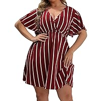 Striped Shirt Dress, Womens Plus Size V Neck Short Sleeve Loose Casual Dress, L, 4XL