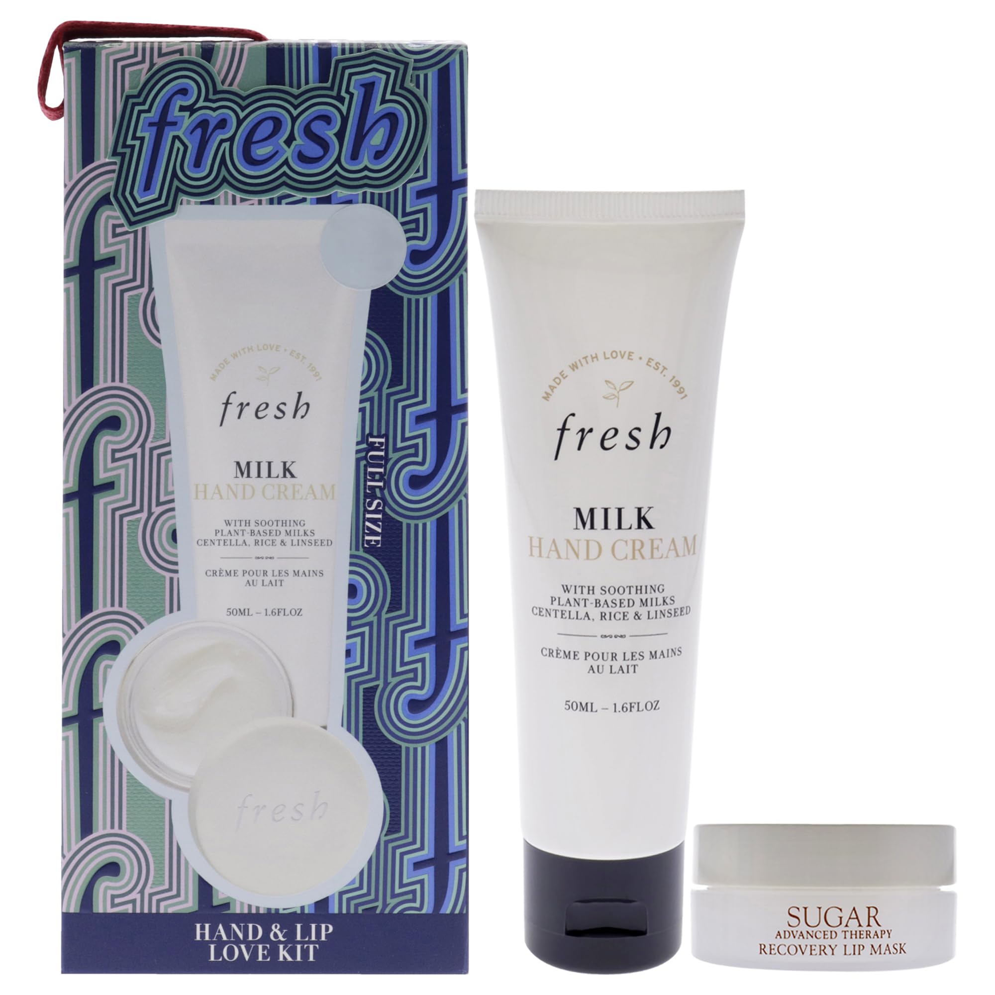 Fresh Hand And Lip Love Kit for Women - 2 Pc 1.6oz Milk Intensive Hand Cream, 0.3oz Sugar Recovery Lip Mask Advanced Therapy