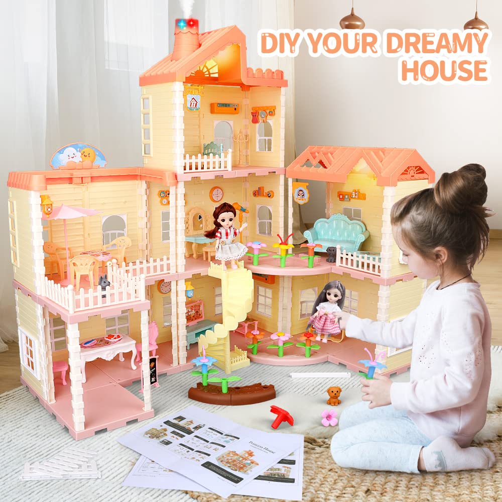 OENUX Big Doll House, 200+ Pieces Kids Dollhouse Dreamhouse with Lights,Spiral Staircase,Spray Chimney and 2 Play Figures,Toddler Princesss Doll House for 3 4 5 6 7 8 Year Old Girl