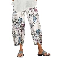 Summer Linen Capris for Women Summer Casual Dandelion Print Plus Size Harem Trousers Elastic Waist Lightweight Capri Pants