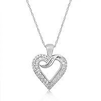 0.56 Cttw Round and Baguette Cut White Natural Diamond Heart Shape Pendant Necklace Chain Sterling Silver
