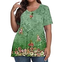 Plus Size Tops for Women Short Sleeve V Neck Loose Casual Shirts Solid/Printed Summer Oversized Ladies Blouse