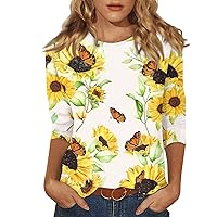 Sunflower Shirts for Women Casual Dressy 3/4 Sleeve Crewneck Tops Graphic Tees Trendy Relaxed Fit Cute Tunic Blouse