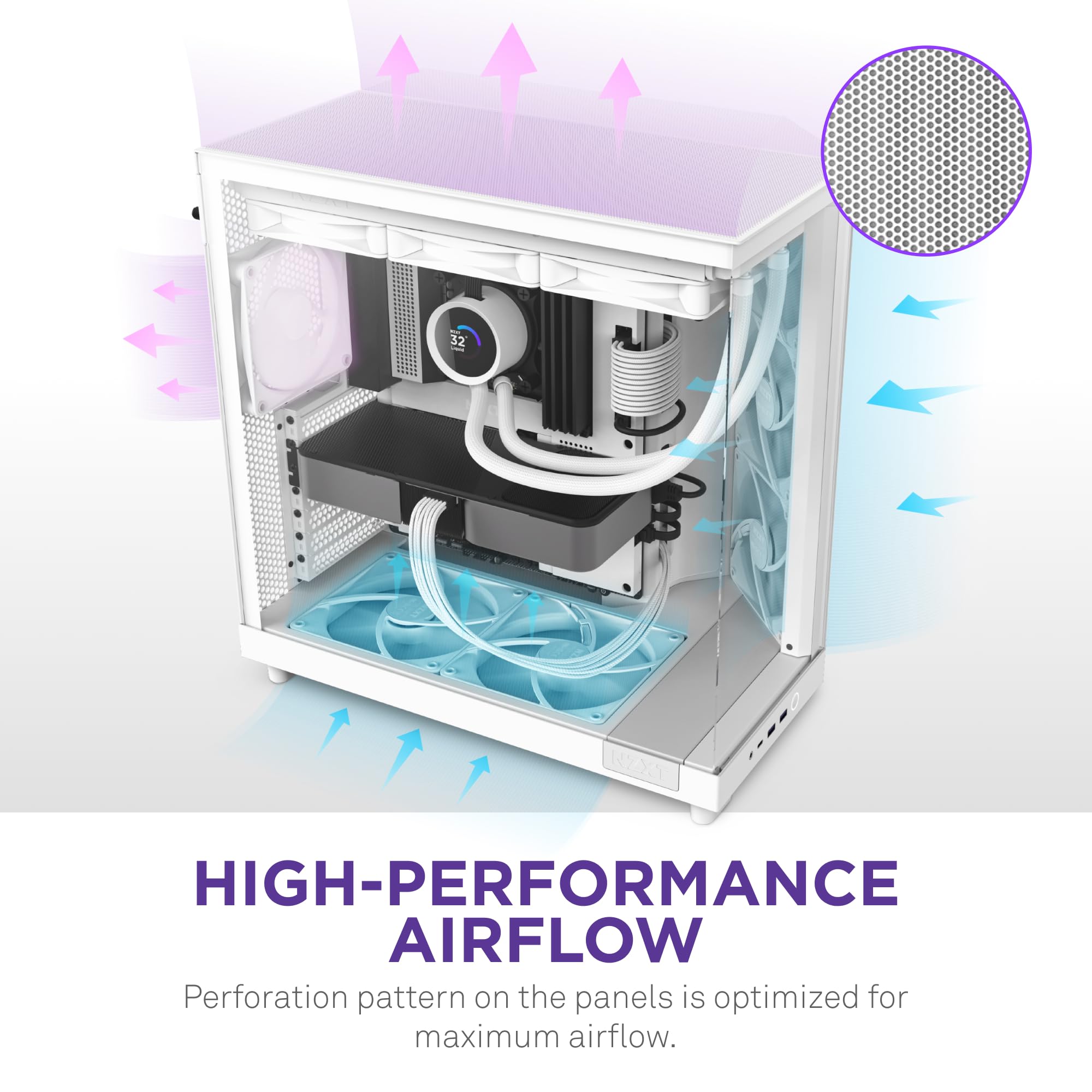 NZXT H6 Flow | CC-H61FW-01 | Compact Dual-Chamber Mid-Tower Airflow Case | Panoramic Glass Panels | High-Performance Airflow Panels | Includes 3 x 120mm Fans | Cable Management | White