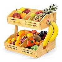 2 Tier Fruit Basket, Bamboo Fruit Basket For Kitchen Counter, Fruit and Vegetable Storage Bowl Stand Holder, Home Kitchen Countertop Organizer