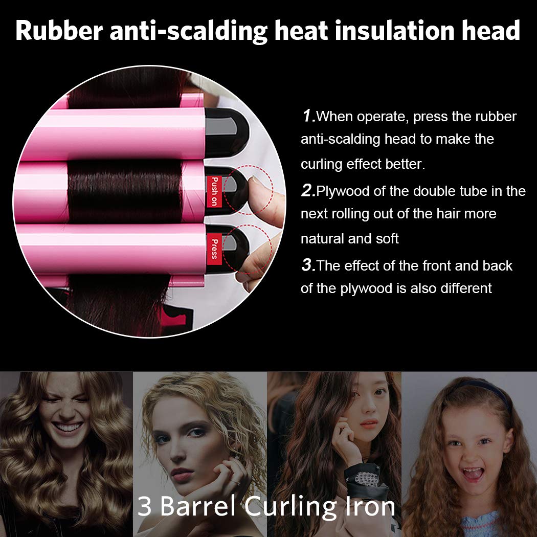 3 Barrel Curling Iron Wand Hair Crimper Iron with LCD Temperature Display - 1 Inch Ceramic Tourmaline Triple Barrel Hair Waver Curling Iron, Dual Voltage Crimping Iron Hair Curling Wand
