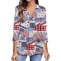 4th of July Women Patriotic Celebration Tunic Tops 3/4 Sleeve Lapel V Neck T-Shirts Summer Star Stripe Casual Tees