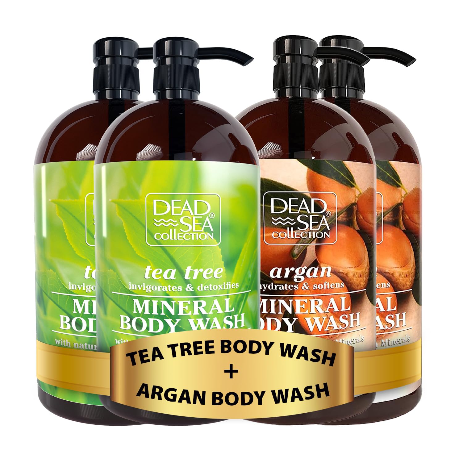 Dead Sea Collection Bundle Tea Tree Body Wash+ Argan Body Wash+ for Women and Men -2 X Pack of 2 (67.6 fl. oz) - Cleanses and Moisturizes Skin - With Natural Minerals and Vitamins Nourishing Skin