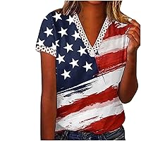 July 4th Women Patriotic T-Shirts Hollow Out Lace Trim Short Sleeve V-Neck T-Shirts Summer American Flag Tee Tops