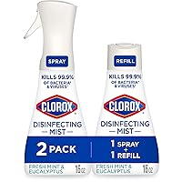 Clorox Disinfecting Mist, Eucalyptus Peppermint, Household Essentials, 1 Spray and 1 Refill, 16 oz Each