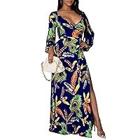 Casual Maxi Dress for Women Wrap V Neck Long Sleeve Floral Print Split Sundress with Belt