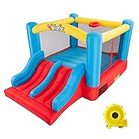 Valwix Indoor Outdoor Inflatable Bounce House with Blower for 3-10 yr Kids, Bouncy Castle w/Double Slide, Large Bounce Area w/Basketball Hoop, 300 LBS Capacity