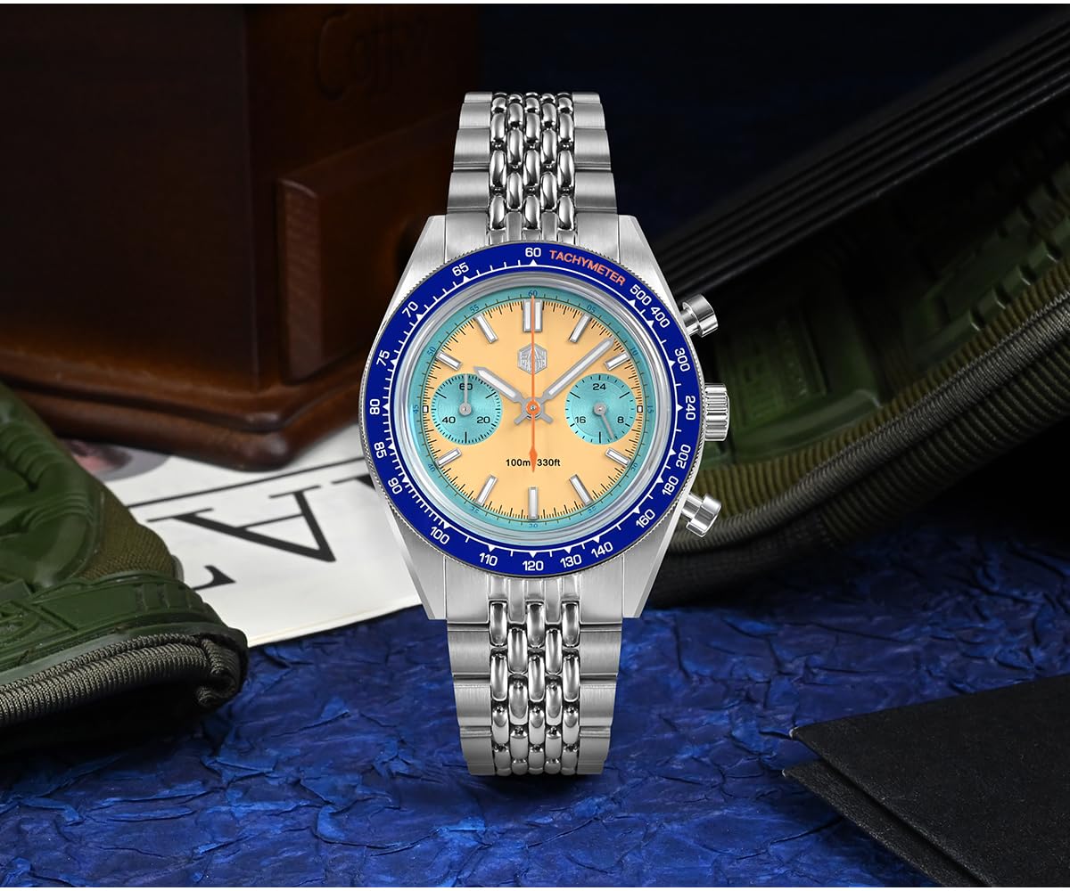 San Martin Men Chronograph Watch Sport Pilot 39.5mm Panda Quartz Wristwatch 10ATM Luminous VK64 Sapphire Mirror