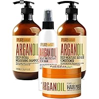 PURE NATURE Moroccan Argan Oil Shampoo and Conditioner Set and Moroccan Argan Oil Heat Protectant Spray for Hair with Keratin and Moroccan Argan Oil Hair Mask