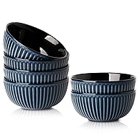 Hasense Porcelain Cereal Bowls Set 24 Oz - 6 Inch Soup Bowl Set of 6 for Kitchen,Modern Ribbed Ceramic Dishes for Entertaining,Soup,Oatmeal,Pasta,Cereal,Noodle - Dishwasher & Microwave Safe, Blue