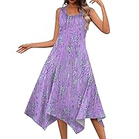 Irregular Hem Dress Ladies 2024 Round Neck Loose Sleeveless Trendy Midi Women's Printing Breathable for Women