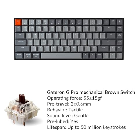 Keychron K2 75% Layout Bluetooth Wireless Mechanical Gaming Keyboard with Gateron G Pro Brown Switch/White LED Backlit/USB C/Anti Ghosting/N-Key Rollover, 84 Keys, for Mac Windows-Version 2