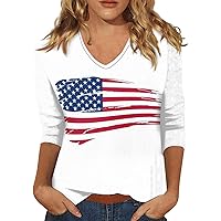 Independence Day Printed Tshirt Womens 2024 V Neck Tops Comfy 3/4 Sleeve Shirt Loose Blouse Summer Daily Dressy Tunic