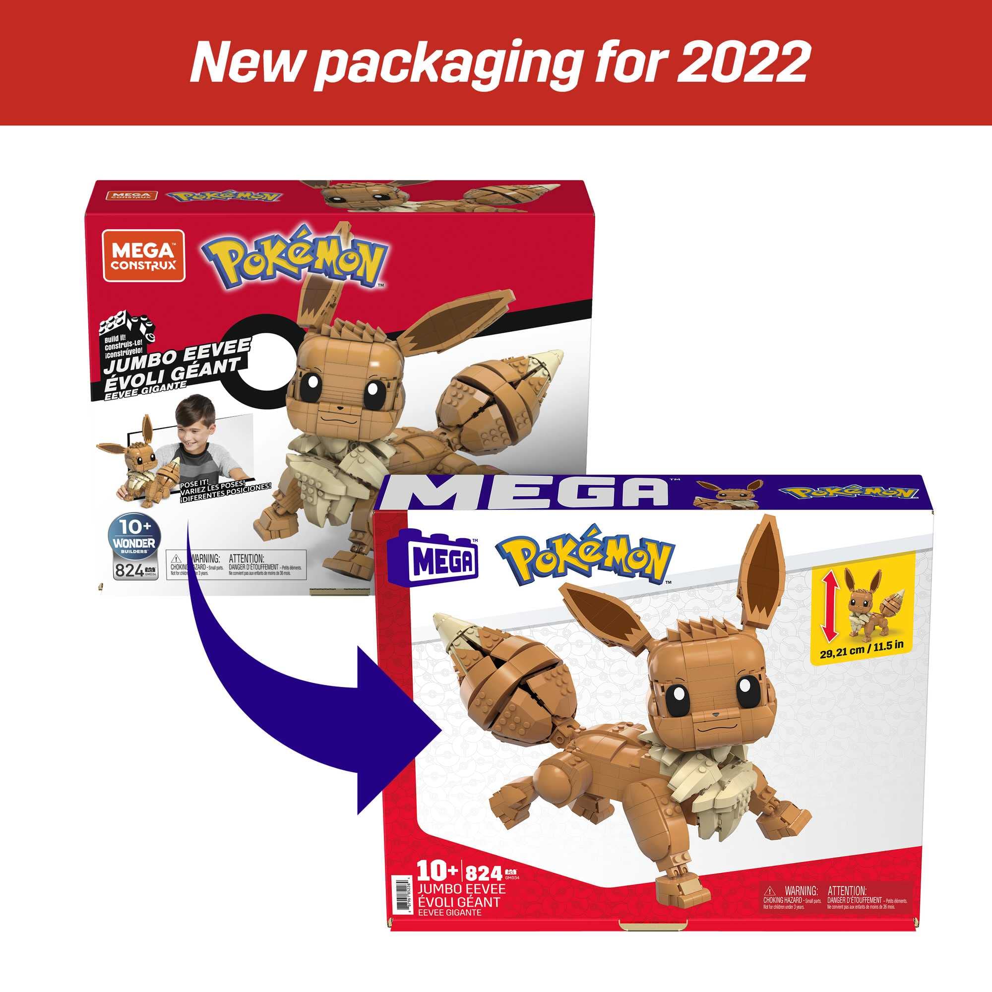 Mega Pokémon Jumbo Eevee Toy Building Set, 11 inches Tall, poseable, 824 Bricks and Pieces, for Boys and Girls, Ages 6 and up​