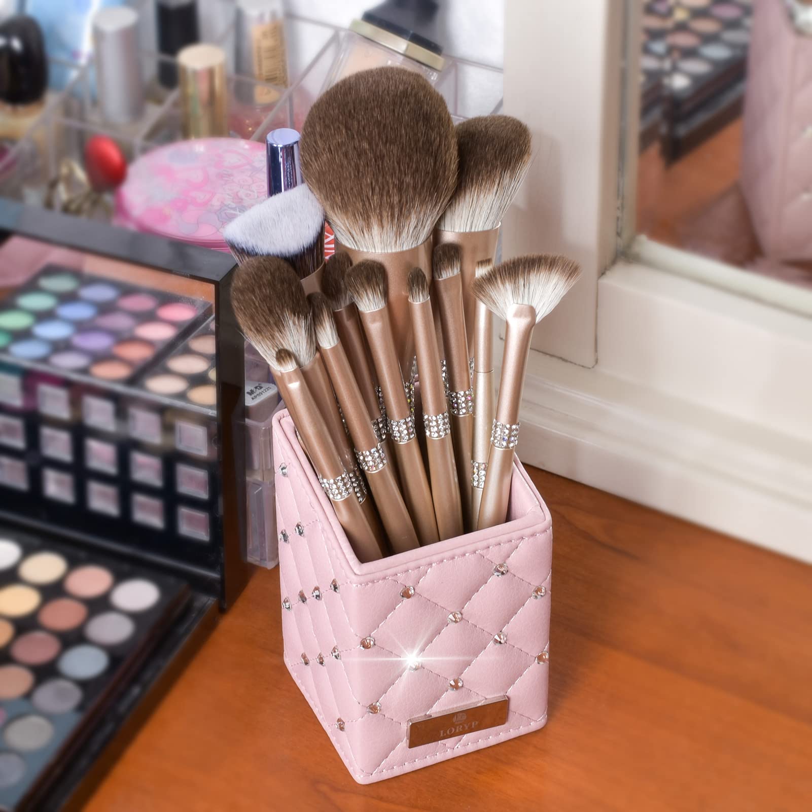LORYP Makeup Brush Holder Crystal Brushes Cup White PU Make up Brush Case  Bag Storage for Women (White)