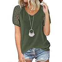 MEROKEETY Women's Summer Lace Short Sleeve V Neck Tops Shirt Loose Casual Waffle Tee Blouse