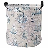 Rustic Compass Sailing Sailboat Laundry Basket Hamper with Handles, Collapsible Laundry Basket Waterproof Cloth Laundry Hamper Easy Carry Storage Basket Ocean Octopus Starfish Summer Burlap 16.5x17 In
