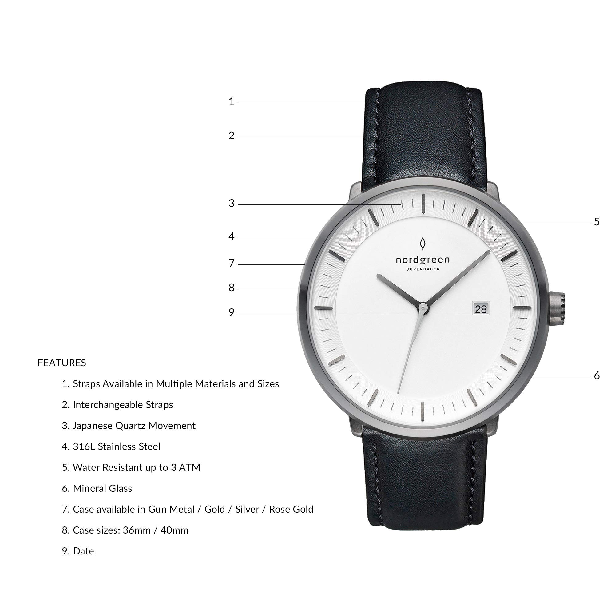 Nordgreen Skandinavische Design Uhr Analog Quarz Anthrazit | Weißes Ziffernblatt | Austauschbare Armbänder | Modell: Philosopher