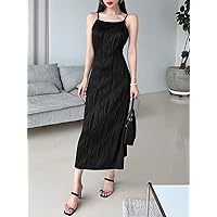 Dresses for Women Solid Textured Cami Dress (Color : Black, Size : Medium)