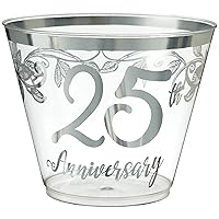 Amscan Happy 25th Anniversary' Silver Hot-Stamped Plastic Tumblers - 9 Oz. (Pack of 30) - Perfect for Parties, Events, & Special Occasions